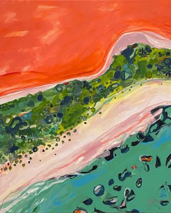 Abstract painting of Lake Hiller in Western Australia using vibrant red, green and turquoise acrylic paints by artist, Julia Reader.