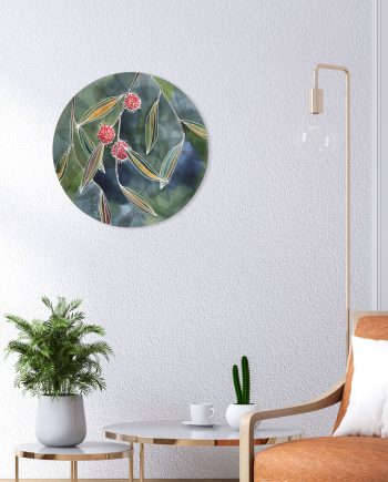 painting of a hakea flower on a round panel mounted on a wall